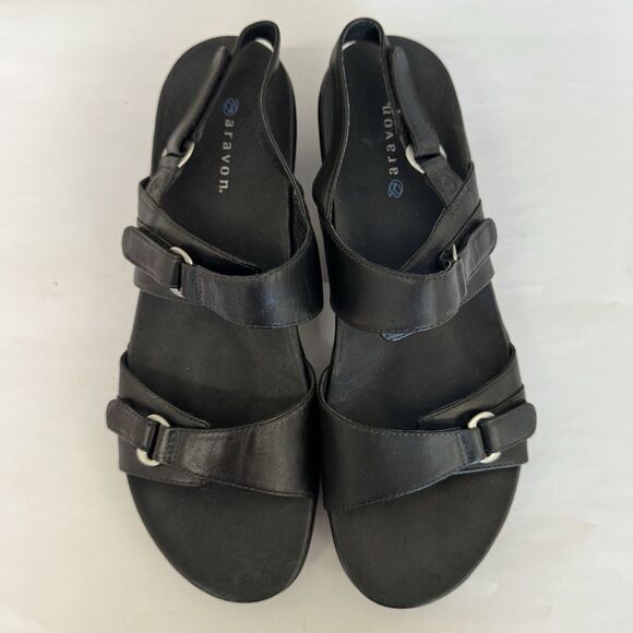 Aravon Black Leather Orthopedic Sandals Women 10 B Slingback Wide Strap Comfort - Picture 7 of 15